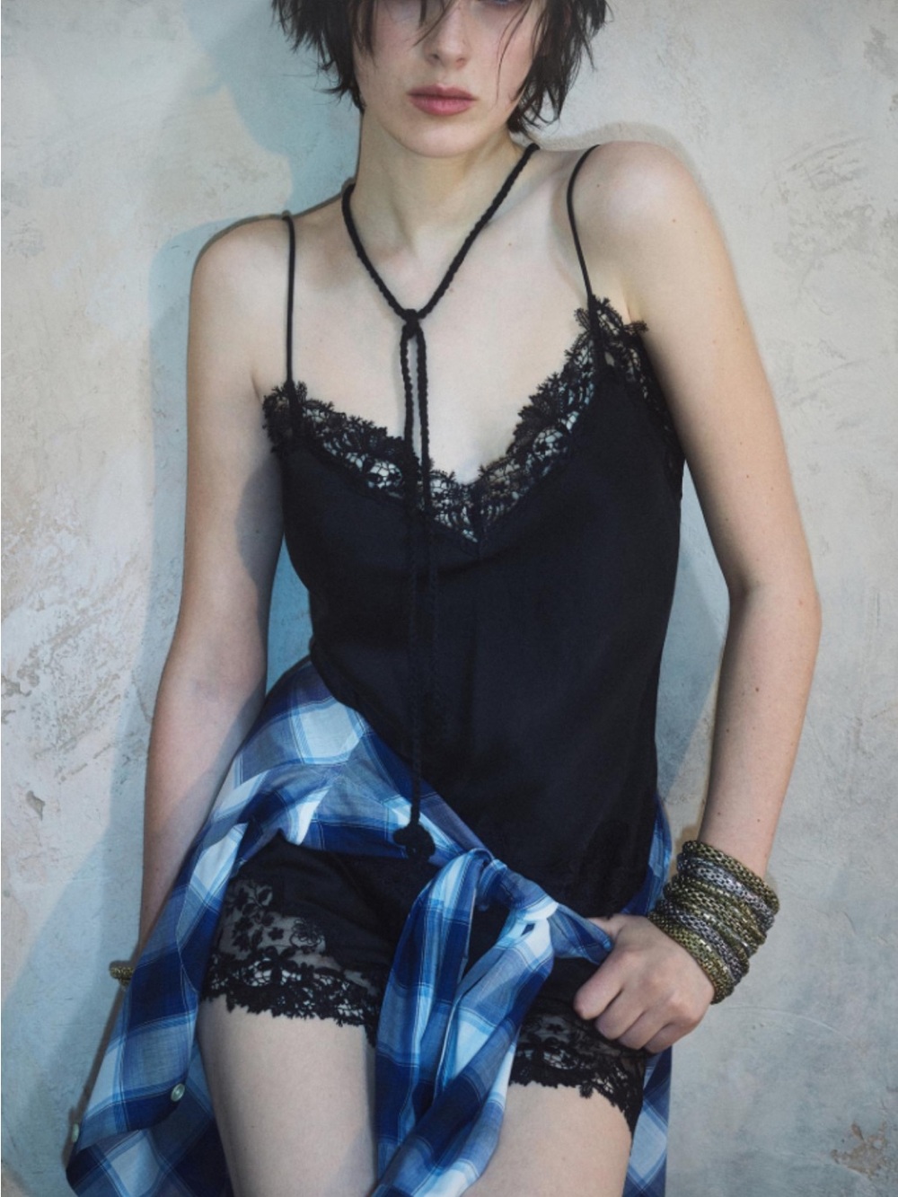 Zara Black Lace-Trim Satin Cami